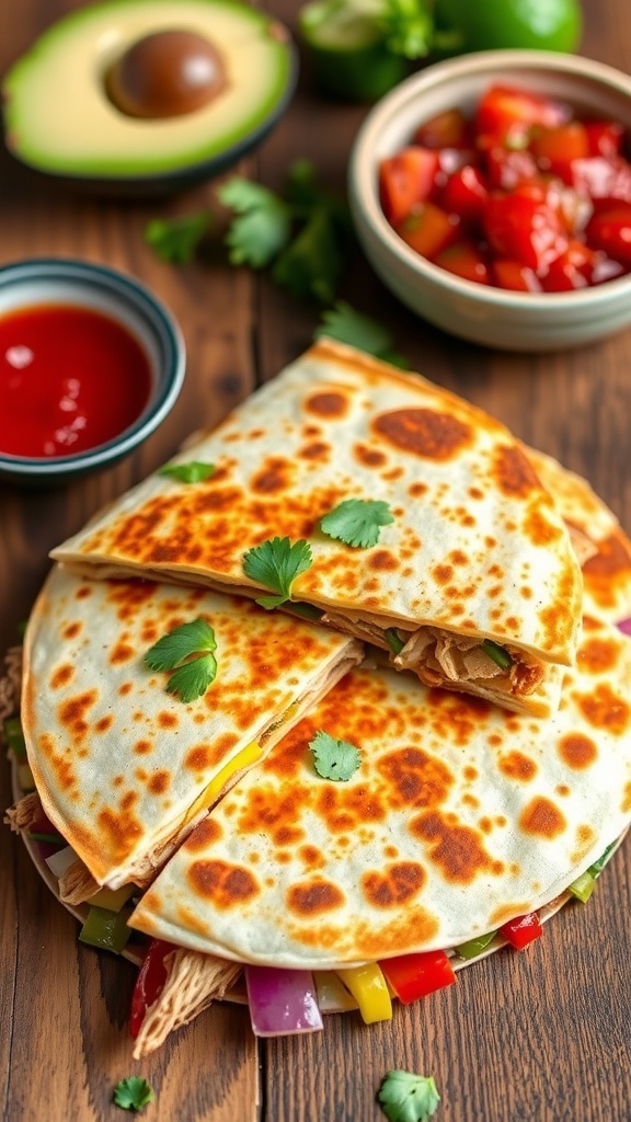 Whole30 chicken and veggie quesadilla cut into wedges, garnished with cilantro, served with salsa and avocado.